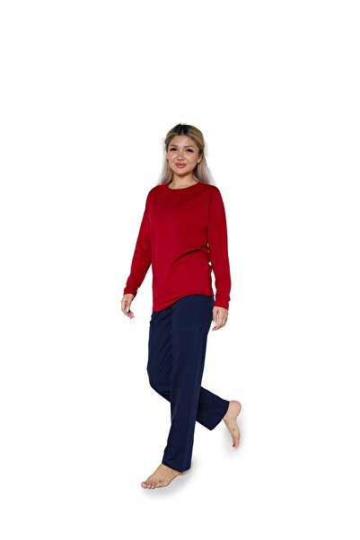 Akbeniz Claret Red Combed Cotton Pajama Set - Long Sleeve Women's 41110