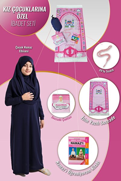 ihvan online Çantalı Kız Çocuk Namaz Elbisesi, İsimli Seccade, Tesbih ve Namaz Öğreniyorum Kitabı Seti - Lacivert