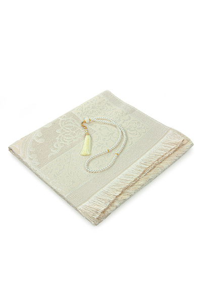 ihvan online Dowry Prayer Rug Set with Gift Box and Pearl Prayer Beads Suitable for Bride and Groom Bundle Cream