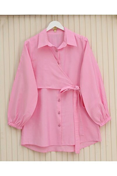 Modamorfo Cross Tie Sleeve Elastic Button Shirt -Pink
