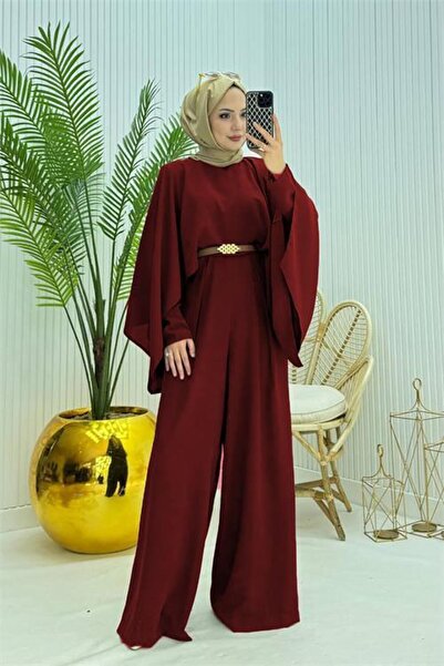 Dipmoda kadın pelerinli kemer detaylı tesettür tulum DPNMS061