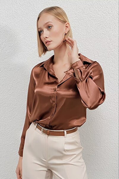 hazelin Women's Copper Lightly Draped Satin Surface Shirt Hzl22w-bd139641