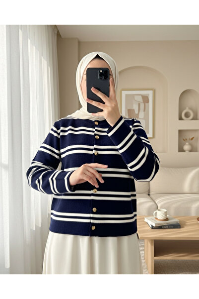 Modamorfo Cardigan cu dungi cu nasturi strălucitori - bleumarin