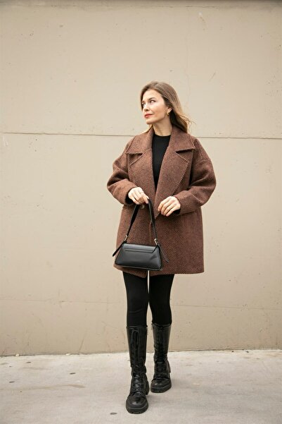 Sue Store Nadrozměrný kašmírový kabát hořký hnědý rybí záda