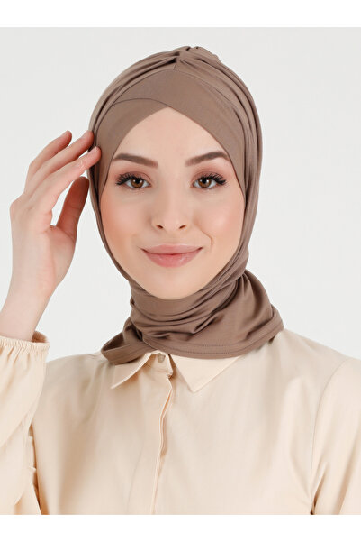 Ecardin Pileli Isra Serisi Çapraz Türban - St 396 Koyu Vizon