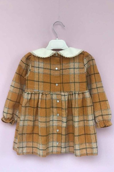 Bertuğ Bebek Mustard Plaid Lumberjack Fabric Girl's Baby Winter Dress