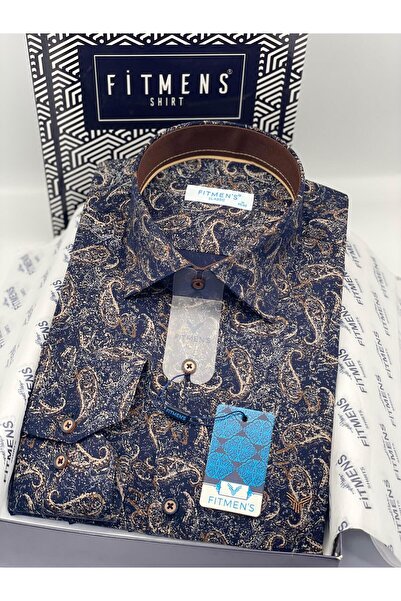 Fitmens Klasik Uzun Kol Likralı Cepsiz Şal Desen Yaka Alttan Düğmeli Hediye Kutulu Erkek Gömlek FS-003668 -