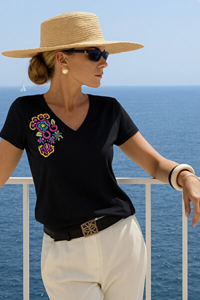 GZ Design Colorful Bead Embroidered Basic V-Neck Cotton Black T-Shirt
