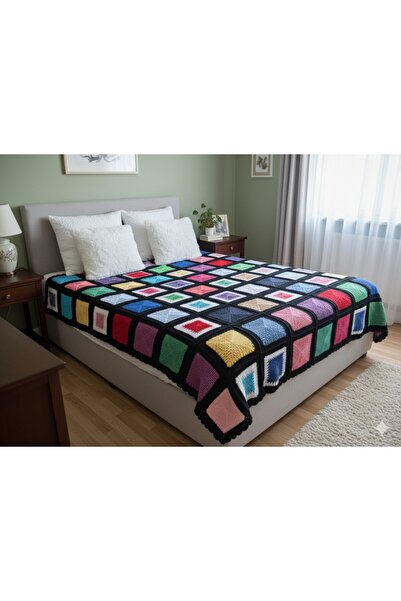 Artepieza co. Renk Mozaiği Battaniye-El Örgüsü Çift Kişilik Battaniye-Kare De...