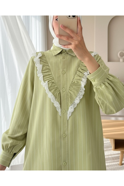 Modamorfo Πουκάμισο με ριγέ μπούτι με κουμπιά μπροστά με δαντέλα - Fat Green