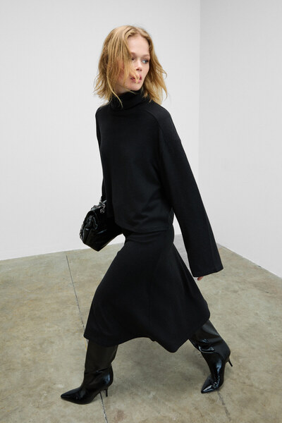 GRIMELANGE Sertre women's soft and flexible fabric midi length black skirt