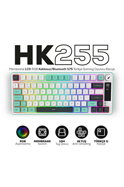 Hawk Gaming Chair HK255 Membrane LCD RGB Kablosuz/Bluetooth Gri Yeşil %75 Tür...