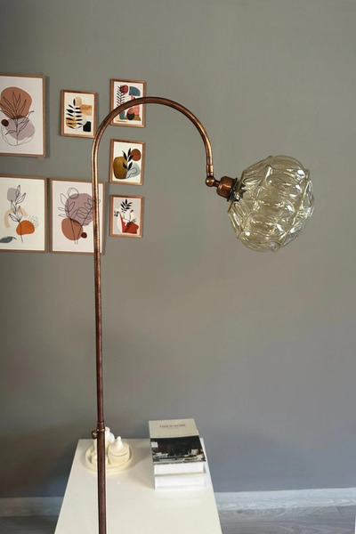 Bamyum Şila Cam Bal Rengi Patina Gövde Lambader Modern Oturma Odası