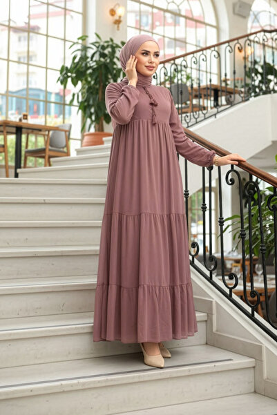Neva Style Layered Pleated Dried Rose Hijab Dress 22051GK