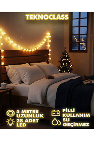 Canderel 5 Metre 28 Led 8 Animasyonlu Aydınlatma Pilli Ip Led Işık Kar Tanesi Dizeleri Gün Işığı