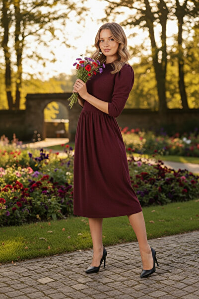 Avones Πλεκτό μάλλινο φόρεμα με μπαλόνι βισκόζης με κορδόνι στη μέση μπορντό