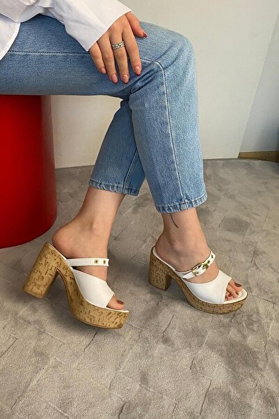 asmi shoes Papuci de damă Tena cu talpă din plută cu platformă cu toc 10 cm SND456 alb