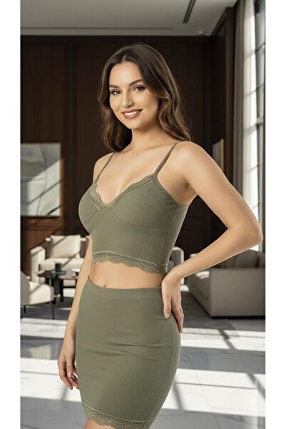 ACTRİS Crop Strappy Lace Bustier Blouse with Removable Pads Khaki-Green