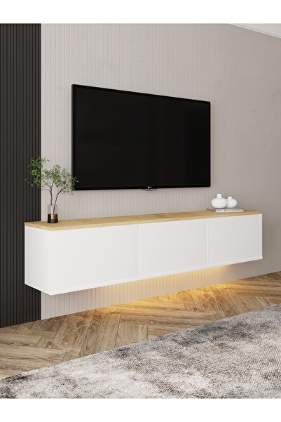 İNARCH DİZAYN Neon LED Işıklı Duvara Monte, 3 Kapaklı TV Sehpası – 160 cm - Modern Tasarım, Beyaz/Safir Meşe