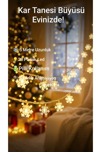 TeknoClass Kar Tanesi Led Pilli 5 Metre 28 Led Gün Işığı Kristal Led Şeffaf Kablo Pilli Aç Kapa