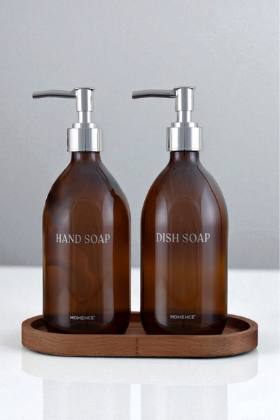homence Ahşap Stantlı 2’li Amber Cam Sıvı Sabun Bulaşık Deterjanı Şişesi Silver Kapaklı Sabunluk 500ml