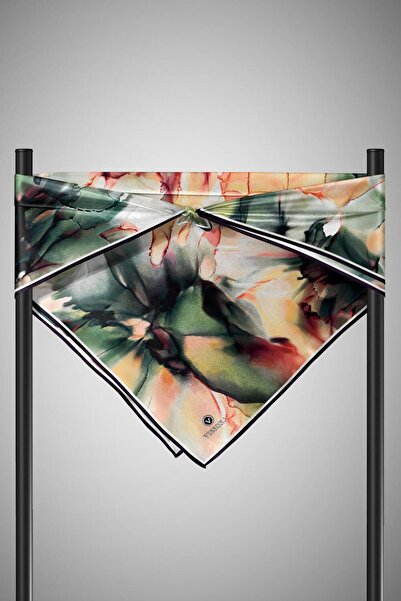 Vissona Σμαραγδένιο Πράσινο Λουλούδι Μοτίβο Μεταξωτό Βαφής - Μουσταρδί, 100% Τσάντα, 90x90 Κασκόλ Ραμμένο στο χέρι D