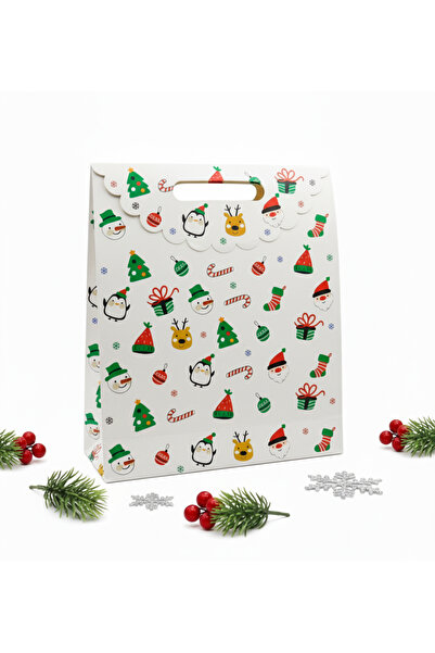 repro design Yılbaşı Coşkusu Karton Hediye Çantası 25x32x12 cm – 1 Adet, Renkli ve Dayanıklı Noel Desenli