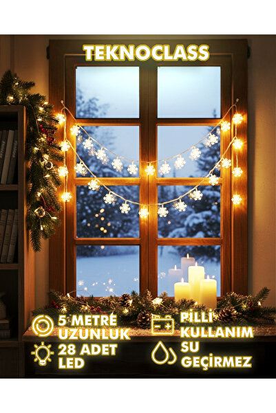 TeknoClass Kar Tanesi Led Pilli 5 Metre 28 Led Gün Işığı Kristal Led Şeffaf K...