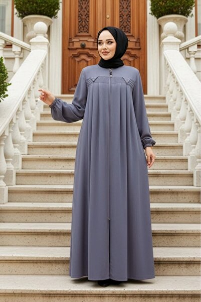 Neva Style Zippered Gray Hijab Abaya 45295Gr