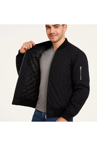 LUMİART Men's Bomber Jacket – Zippered, Quilted Inner Lining, Water-Repellent Fabric, Regular Fit, Long Sleeves.