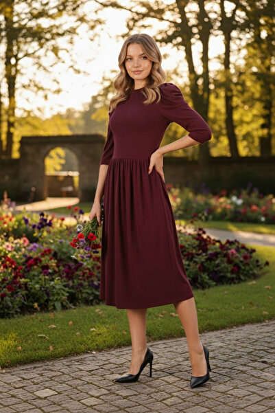 Avones Πλεκτό μάλλινο φόρεμα με μπαλόνι βισκόζης με κορδόνι στη μέση μπορντό