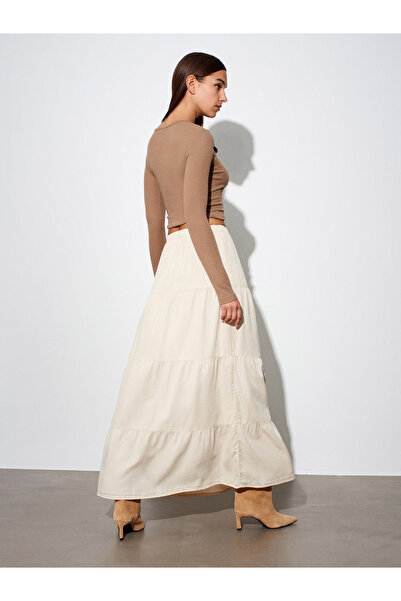 Dilvin 80588 Elastic Waist Gathered Denim Skirt-Stone