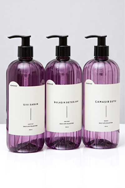 homence 3'lü Sıvı Sabun Bulaşık Deterjanı Çamaşır Suyu Etiketli Plastik Şişe Mutfak Seti Mor Sabunluk 500ml
