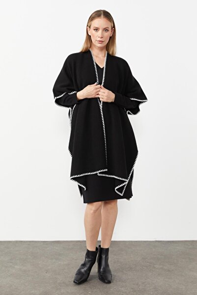 Butik Triko Mutlu Ertan Women's Merrow Detailed Knitwear Poncho Shawl Black 20095