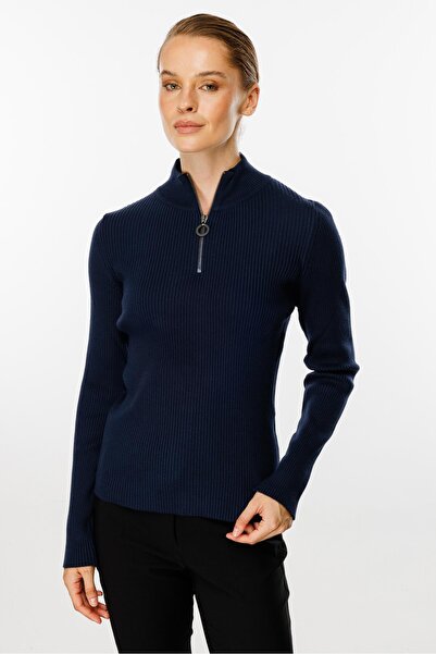 Butik Triko Mutlu ertan women's Mock Neck zippered sweater navy blue 20062