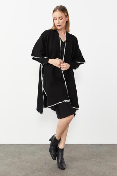 Butik Triko Mutlu Ertan Women's Merrow Detailed Knitwear Poncho Shawl Black 20095