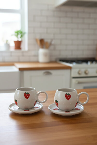 Home Çilek Kabartmalı 2'li Tabaklı El Yapımı Ece Kahve Çay Fincanı Takımı
