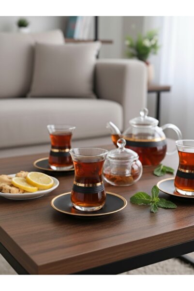 DECOSTYLE Dore Matte Gold Black Decorated 12 Piece Ajda Boy Tea Set - Luxury Large Volume Glass Set