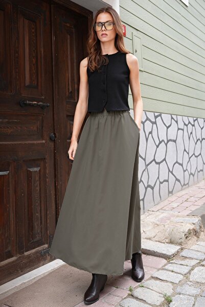 VAGGON Women's Khaki Elastic Waist Belt Detailed Double Pocket Midi Skirt Vs01210