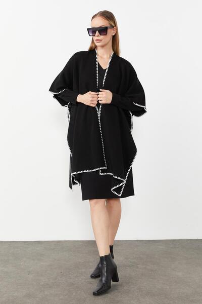 Butik Triko Mutlu Ertan Women's Merrow Detailed Knitwear Poncho Shawl Black 20095