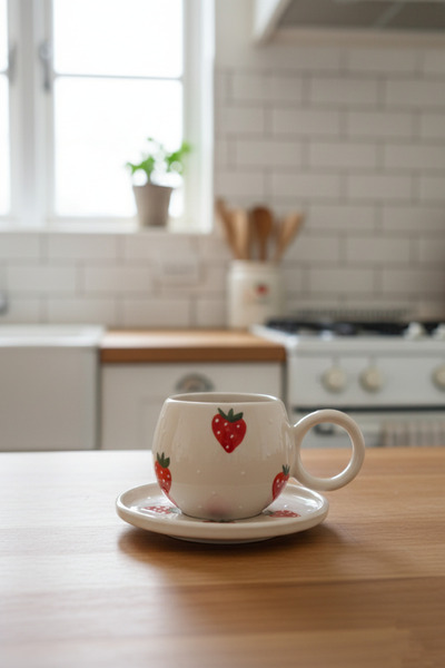 Home Çilek Kabartmalı Tekli Tabaklı El Yapımı Ece Kahve Çay Fincanı