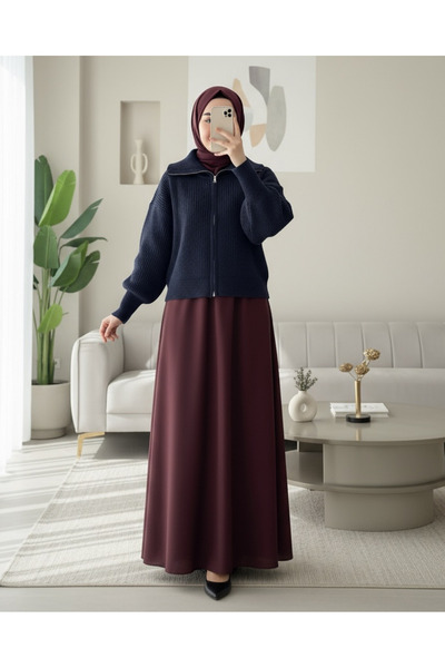 Modamorfo Half-Thigh Zippered Knit Cardigan - Navy