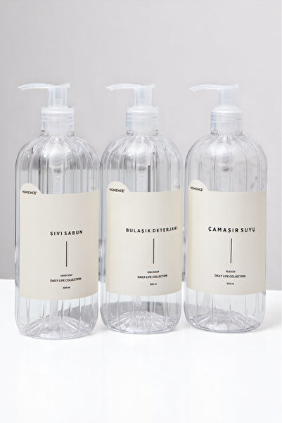 homence 3'lü Sıvı Sabun Bulaşık Deterjanı Çamaşır Suyu Etiketli Pompalı Plastik Şişe Şeffaf 500ml