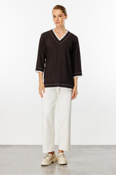 Butik Triko Mutlu ertan women's v-neck ribbed knit blouse - coffee 30326