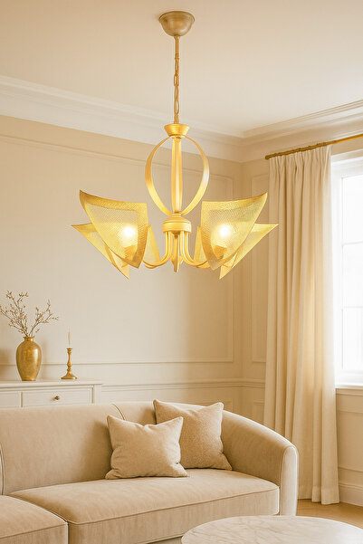 VENON Güven Avize Kırat 5 Li Camı Metal Krem Sarı Patine Avize 0049981