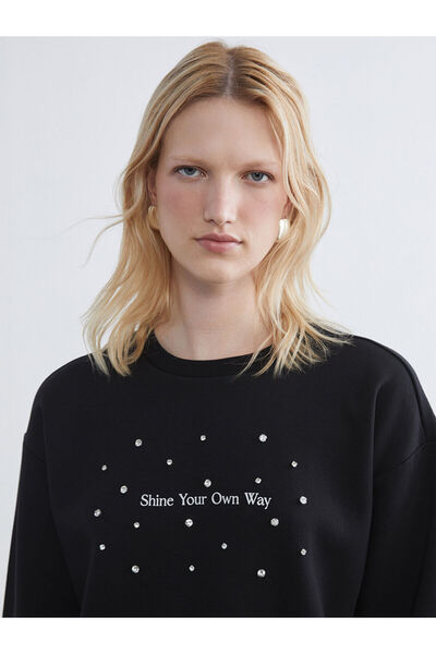 LC Waikiki Black Crew Neck Stone Women's Thick Sweatshirt