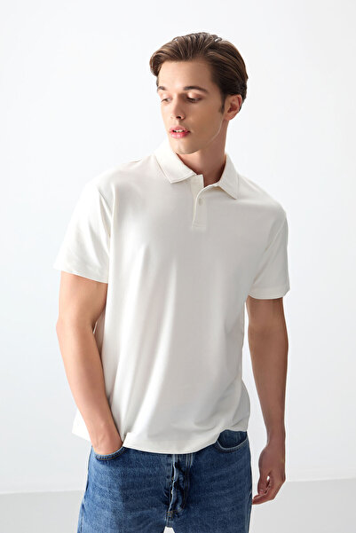 AIR JONES Ανδρικό μπλουζάκι από βαμβακερό εκρού με μαλακή υφή Polo Neck Oversize Fit Basic - 88381