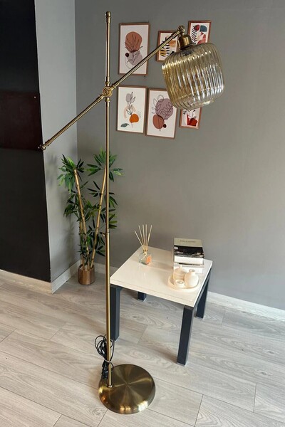 Bamyum Mopa Bal Rengi Cam Lambader Modern Dekoratif Metal Oturma Odası Çalışma Odası Zemin Lambası