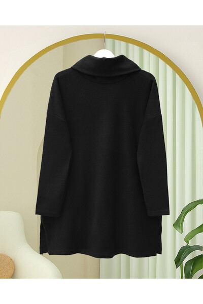 Modamorfo Turtleneck Slit Ribbed Knit Tunic -Black