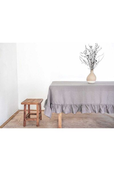 HOME ART ATELIER hand made Gray Color Ruffled Natural Vintage Tablecloth